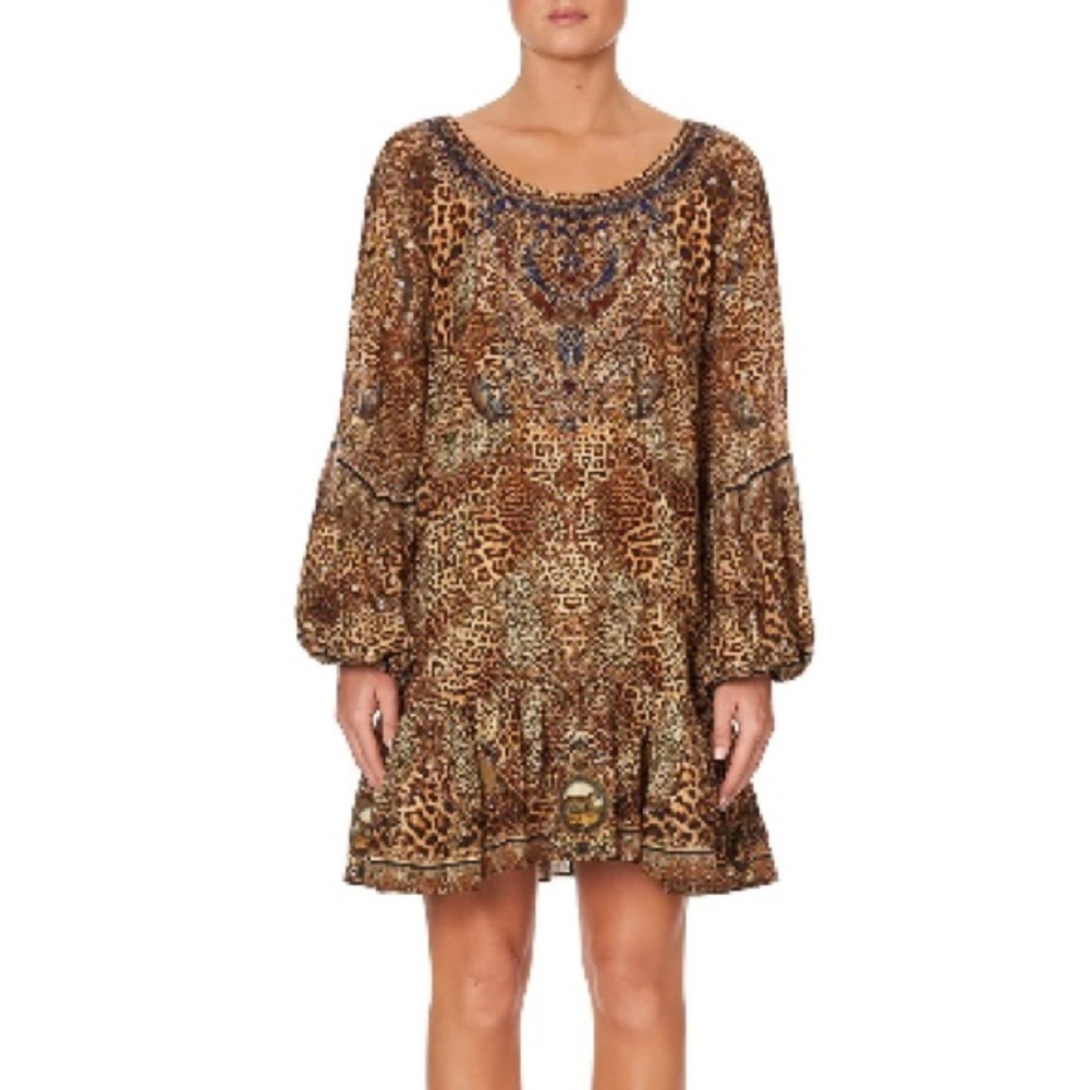 Camilla‎ Silk Dress Blouson Sleeve A Line Frill Mini Sz XS AU 8 US 4